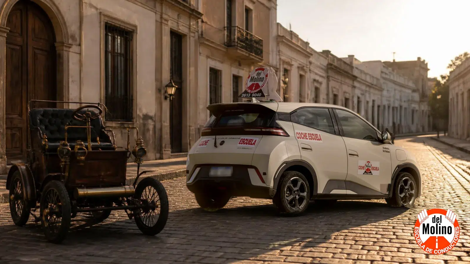 Un auto de 1900 junto al auto eléctrico de la Academia Del Molino en una calle empedrada de Ciudad Vieja, 125 años de historia del auto en Uruguay