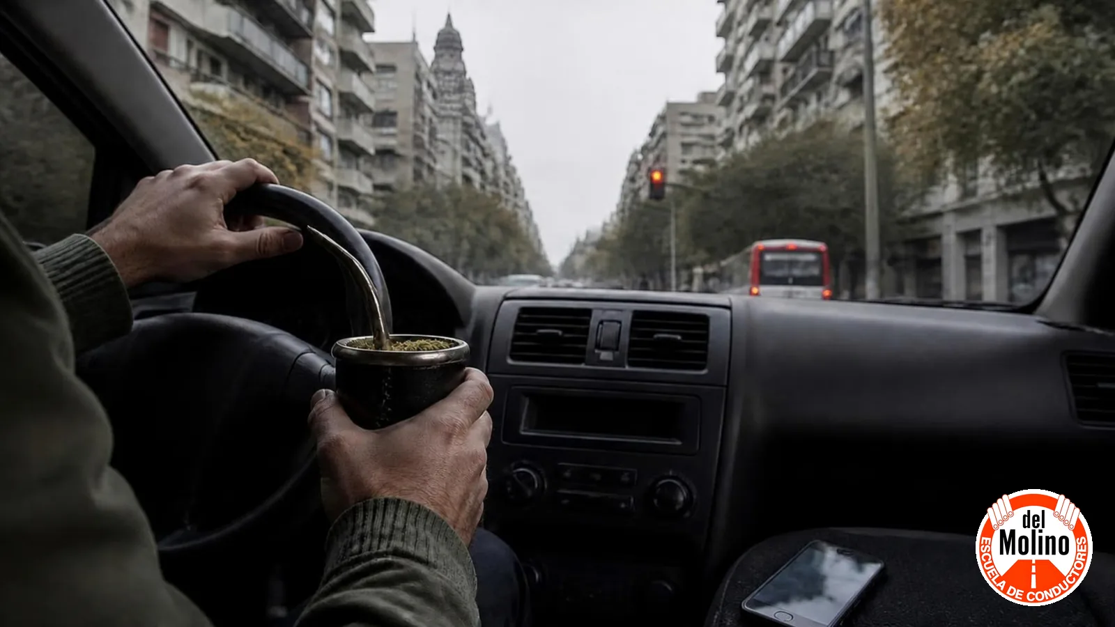 Distracciones al volante: ¿cuántos metros manejás a ciegas? 2 Distracciones al volante en 18 de Julio: conductor con el mate en la mano y el celular en el asiento, con el Palacio Salvo al fondo - Academia de choferes Del Molino