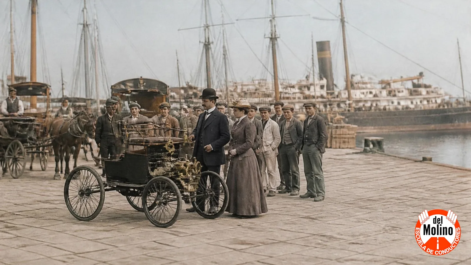 Recreación de la llegada del primer auto de Uruguay en 1900 al puerto de Montevideo - Academia de choferes Del Molino